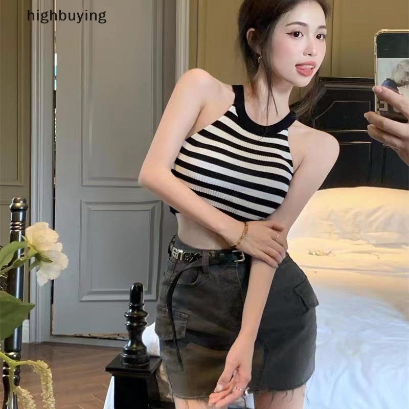 Áo Hai Dây Dệt Kim Họa Tiết Kẻ Sọc Vintage Quyến Rũ Cho Nữ