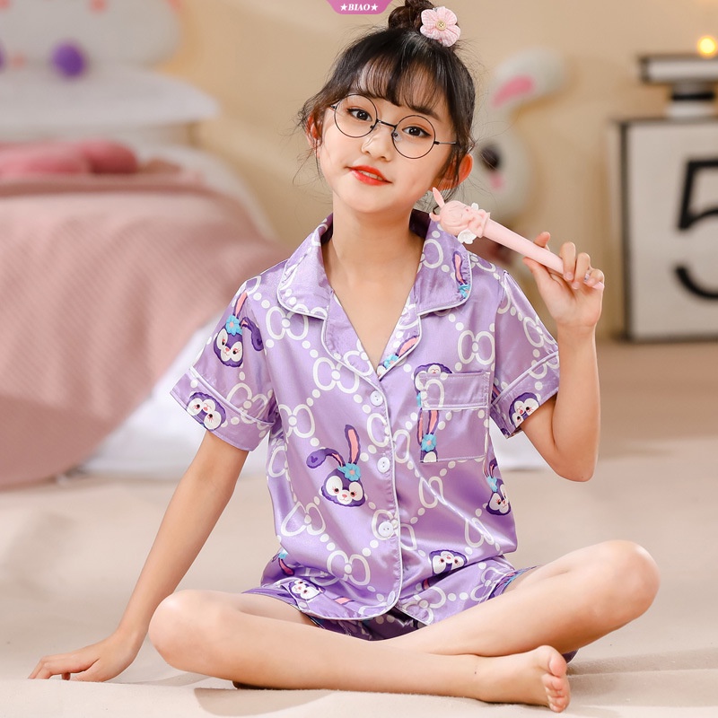 Bộ Đồ Ngủ Tay Ngắn Bằng Lụa Lạnh In Họa Tiết Kuromi My Melody Cinnamoroll Dễ Thương Thời Trang Mùa Hè Cho Bé Gái