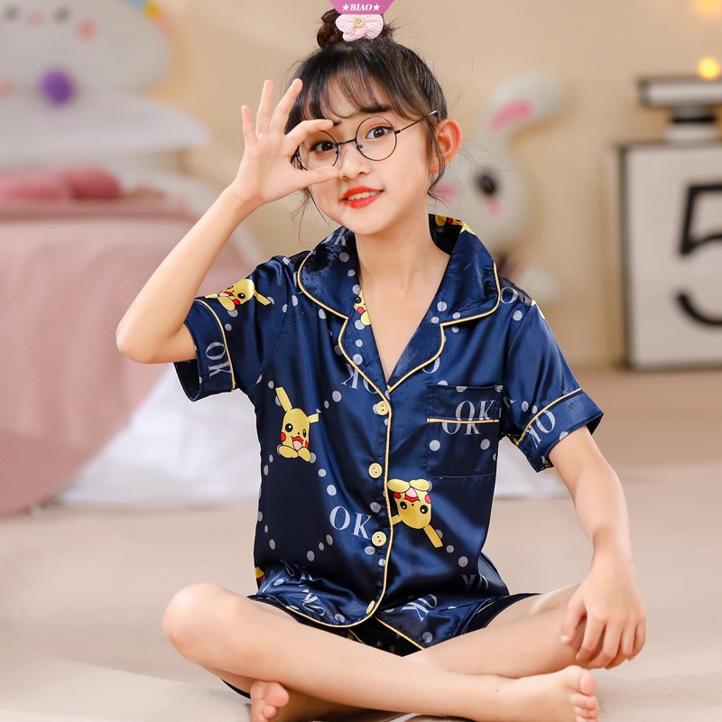 Bộ Đồ Ngủ Tay Ngắn Bằng Lụa Lạnh In Họa Tiết Kuromi My Melody Cinnamoroll Dễ Thương Thời Trang Mùa Hè Cho Bé Gái