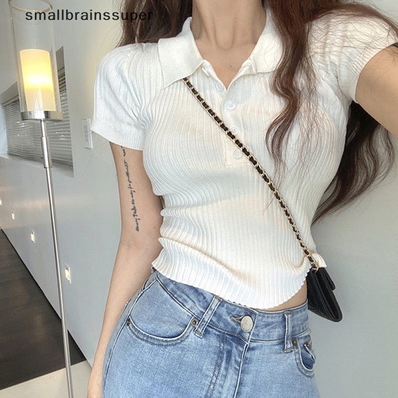 Áo Croptop Dệt Kim Ngắn Tay Màu Trơn Dáng Ôm Cài Nút Thời Trang Mùa Hè Cho Nữ