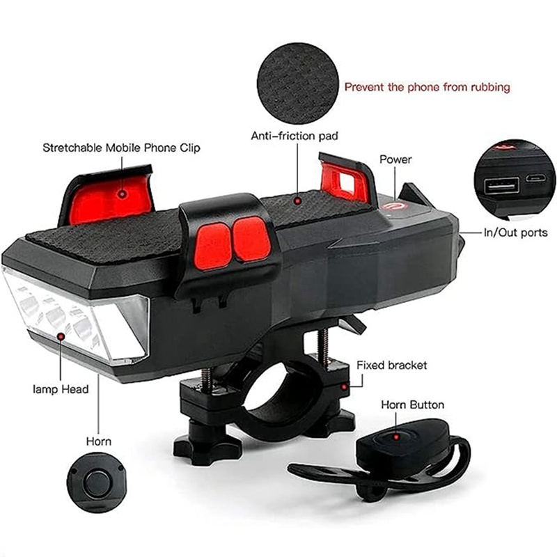 Đèn LED Sạc USB Chống Thấm Nước Kèm Giá Đỡ Điện Thoại Tiện Dụng Cho Xe Đạp