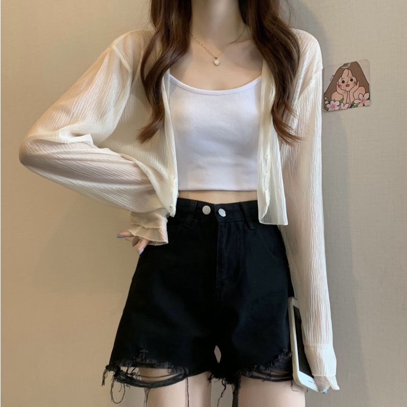 Áo Khoác Cardigan Dệt Kim Tay Dài Xuyên Thấu Chống Nắng Màu Trơn Thời Trang Mùa Hè Mới Cho Nữ