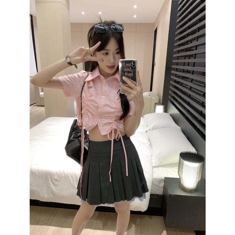 Áo Sơ Mi Tay Ngắn Phối Dây Rút Thiết Kế Đơn Giản Thời Trang Mùa Hè Năng