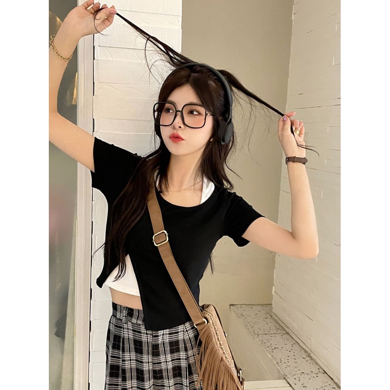 Áo Thun Ngắn Tay Giả Hai Lớp Plus Size Thời Trang Cho Nữ