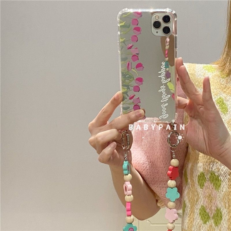 Ốp Điện Thoại Gắn Gương Hình Hoa Tulip Gắn Dây Đeo Cho Iphone 11 12 13 13 12 11 Pro Max X Xs XR XSMAX 7Plus 8Plus