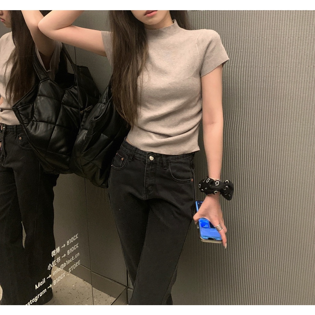 Áo Dệt Kim Tay Ngắn Cổ Cao Dáng Ôm Thời Trang Hàn Quốc Xinh Xắn Cho Nữ