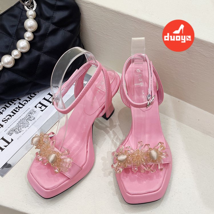 Giày Cao Gót Sandal Mũi Vuông Đính Đá Lấp Lánh Màu Bạc Chống Nước Chống Mòn Thời Trang Mùa Hè 2022 Cho Nữ