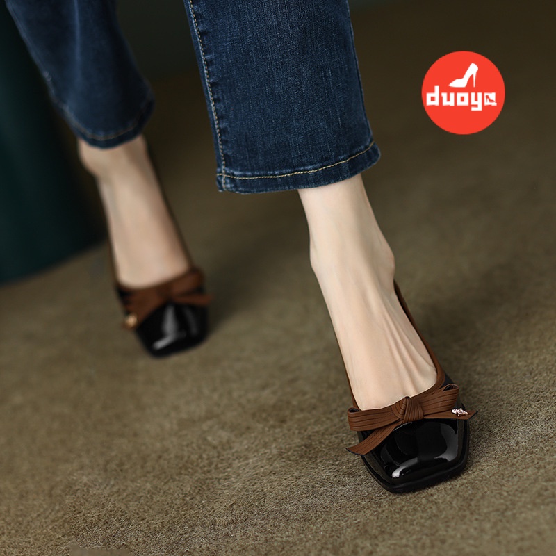 Duoya Giày Cao Gót Da Mềm Mũi Vuông Miệng Nông Đính Nơ Thời Trang Cho Nữ