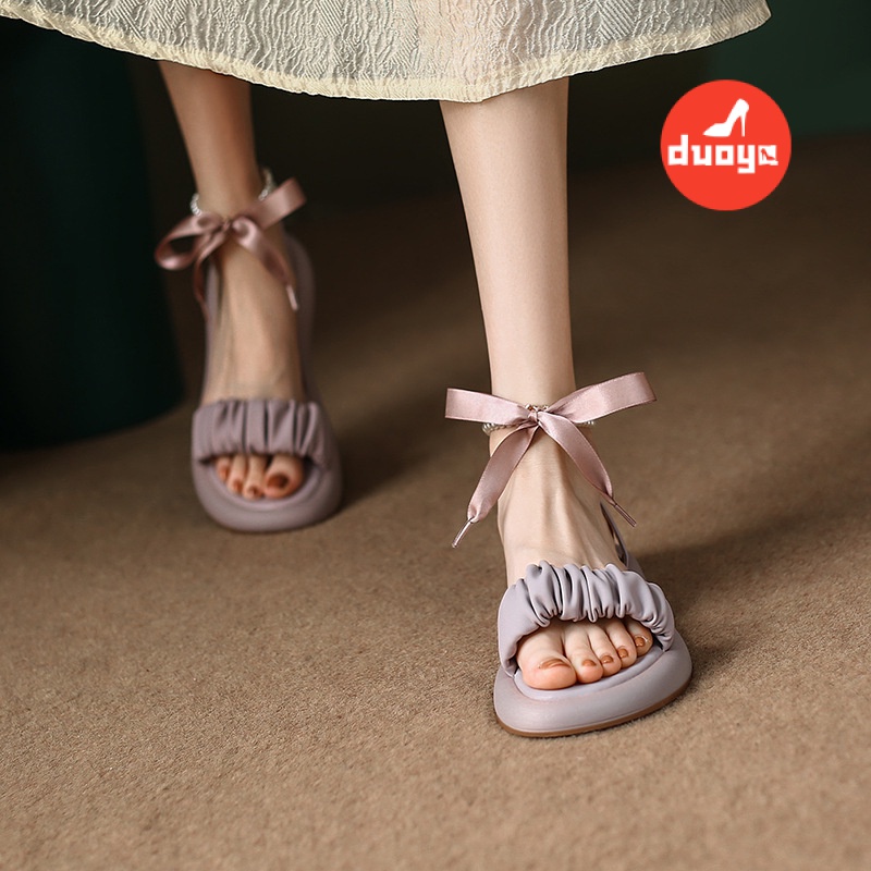 Duoya Tóc Thẳng ~ [Hàng Có Sẵn] Giày Sandal Đế Phẳng Dày Mùa Hè Đính Ngọc Trai Dễ Phối Đồ Cho Nữ Miễn Phí Vận Chuyển