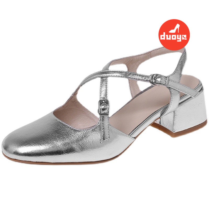 Duoya Tóc Thẳng ~ [Hàng Có Sẵn] Giày Sandal Bít Mũi Gót Vừa Quai Chéo Mary Jane Màu Bạc Mùa Hè Cho Nữ Miễn Phí Vận Chuyển