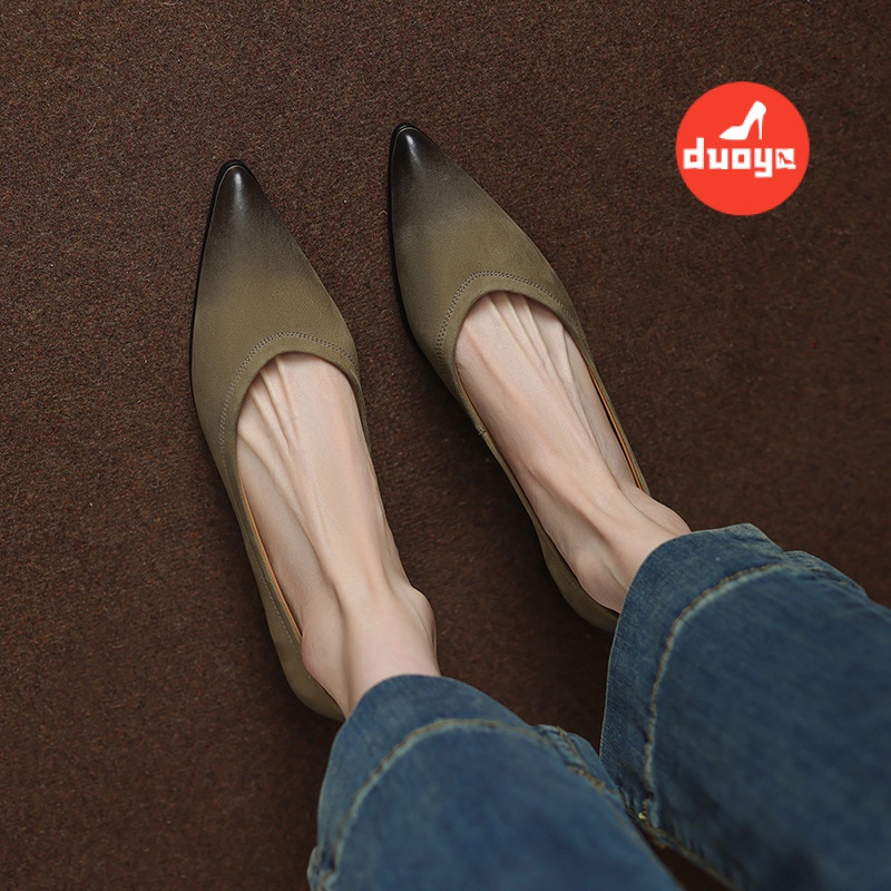 Duoya Tóc Thẳng ~ [Hàng Có Sẵn] Giày Da Mềm Gót Thấp Dày Mũi Nhọn Thoải Mái Mùa Xuân Cho Nữ Miễn Phí Vận Chuyển