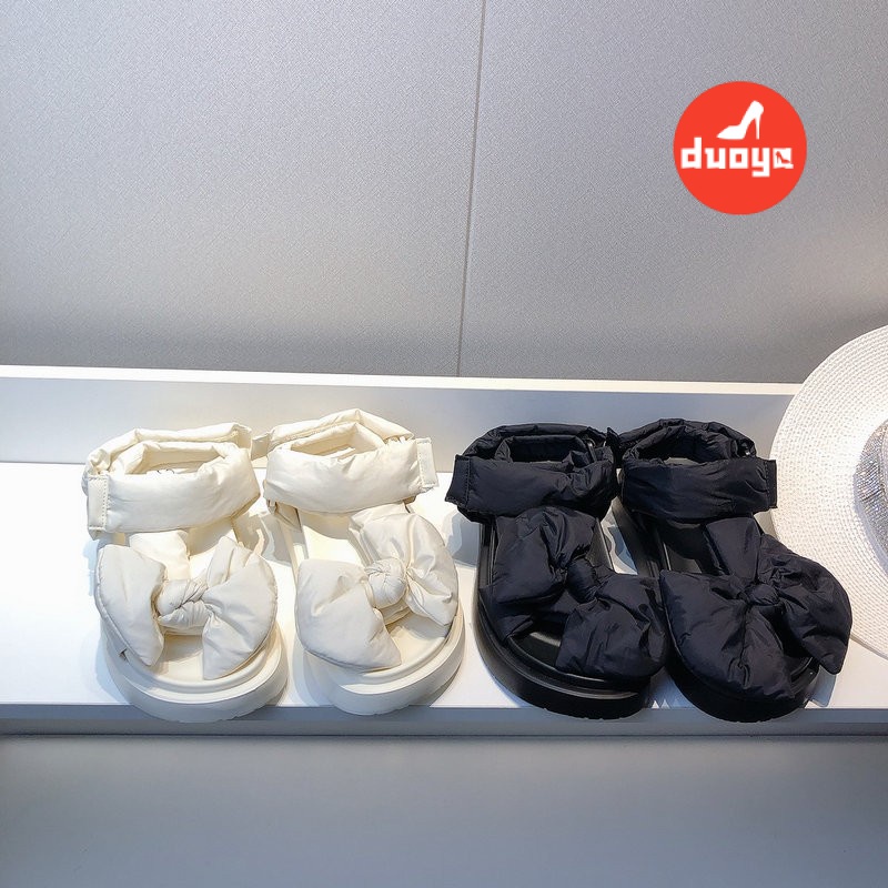 Duoya Tóc Thẳng ~ [Hàng Có Sẵn] Giày Sandal Hở Ngón Đế Dày Bằng Da Satin Đính Nơ Mùa Hè Tăng Chiều Cao Cho Nữ Miễn Phí Vận Chuyển