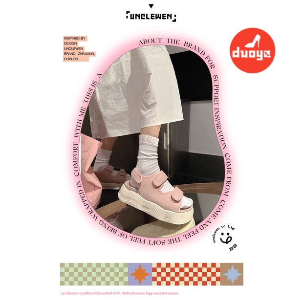 Duoya Tóc Thẳng ~ [Hàng Có Sẵn] Giày Sandal Bánh Mì Đế Dày Quai Dán Gợn Sóng Đơn Giản Tăng Chiều Cao Miễn Phí Vận Chuyển