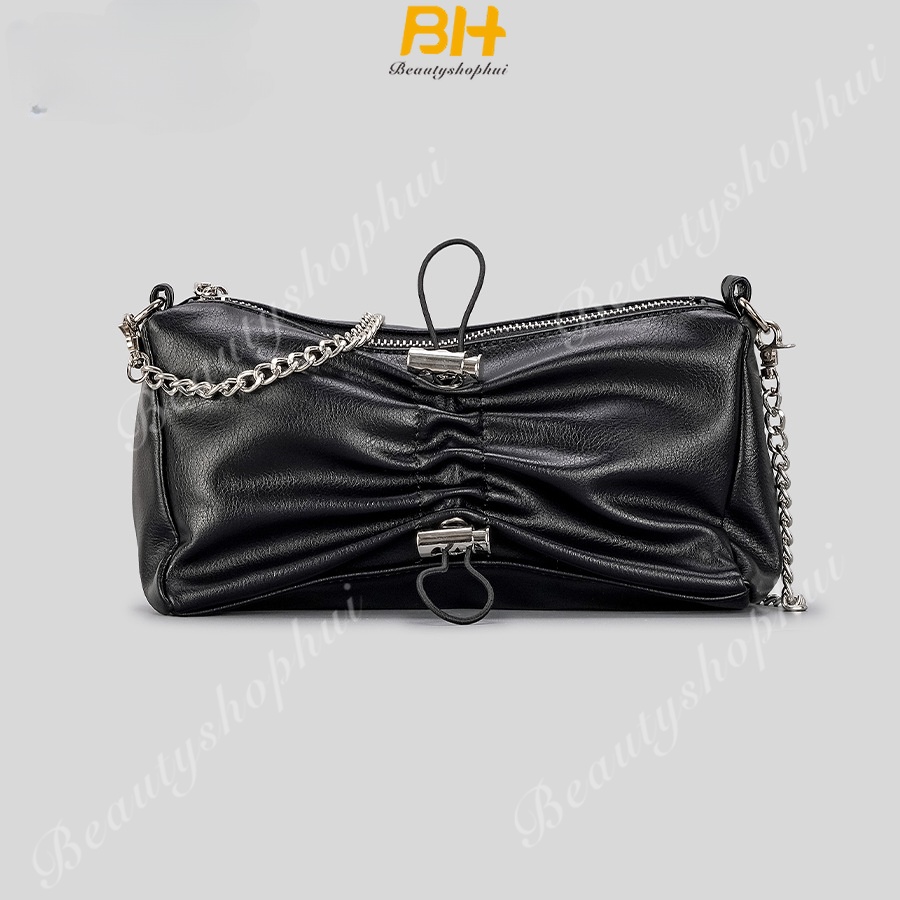 Túi Đeo Chéo Da PU Bóng Dây Rút Xếp Ly Màu laser Phong Cách Thời Trang 2023