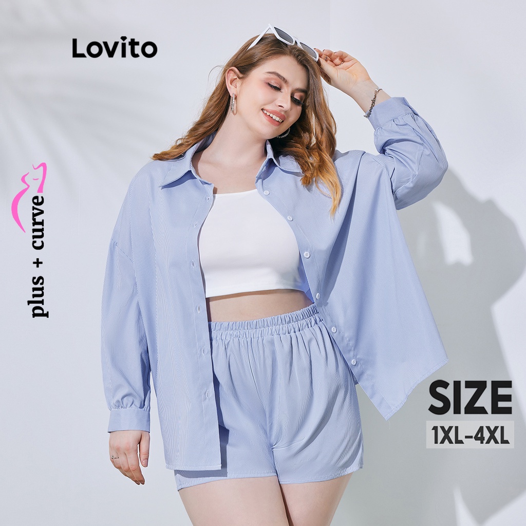 Set quần short Lovito lưng thun cao su phối nút kẻ sọc plus size phong cách thường ngày cho nữ LPS08057 (màu xanh dương)