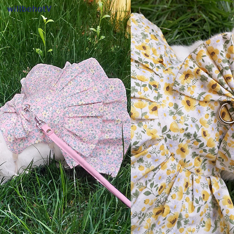 [WillbehotV] Bộ Áo Sát Nách + Chân Váy Hoa Mềm Mại Có Dây Dắt Cho Thú Cưng Đi Du Lịch [Mới]