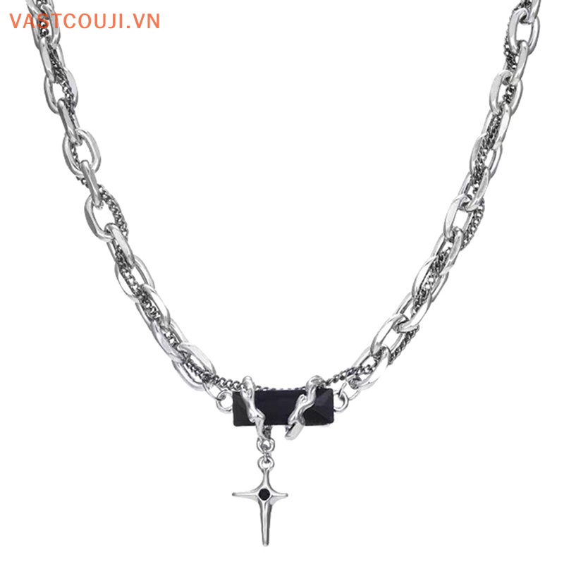 Vòng Cổ Choker Bằng Thép Titan Mặt Thánh Giá Đính Đá Zircon Màu Đen Phong Cách Vintage Hàn Quốc