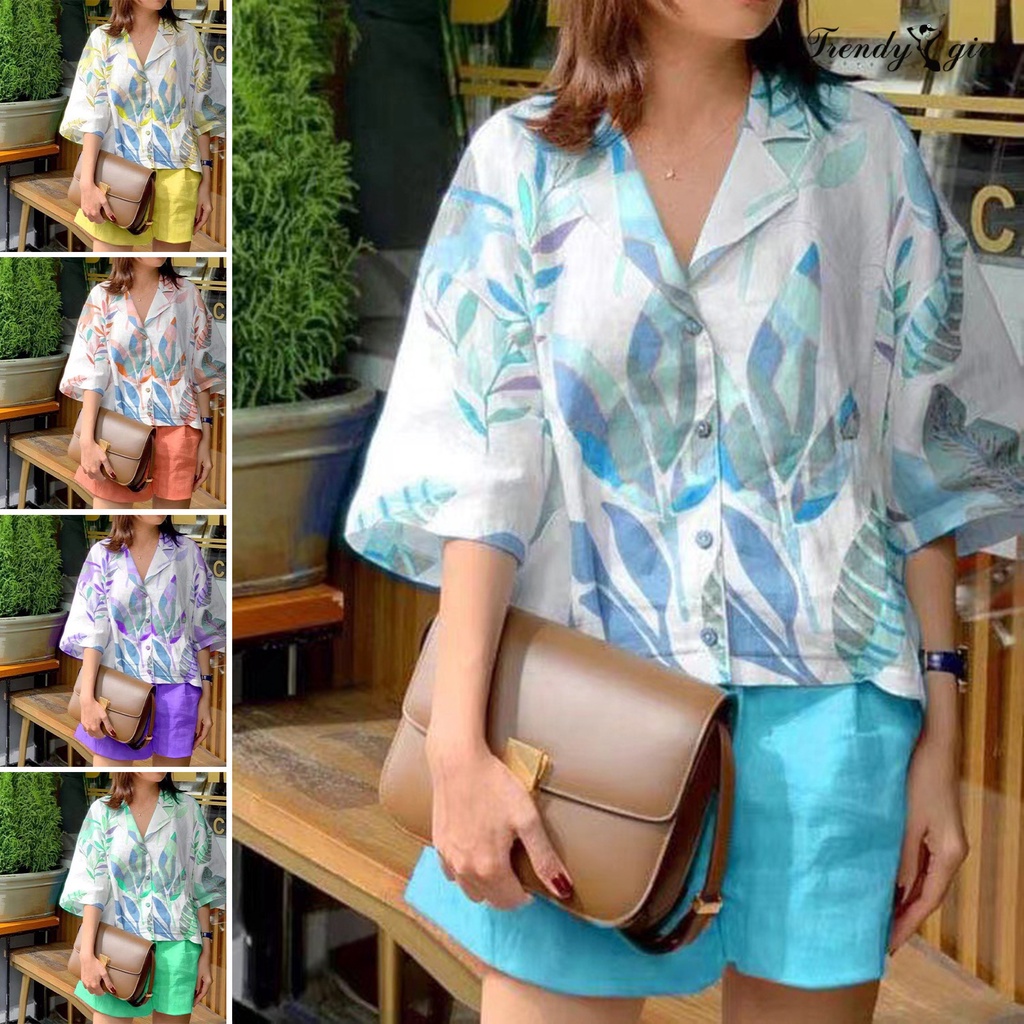 Set Đồ 2 Món Gồm Áo Tay Lửng Và Quần ngắn ống rộng In Họa Tiết Lá Cây tl.1 5.8e Thời Trang Mùa Hè Cho Nữ