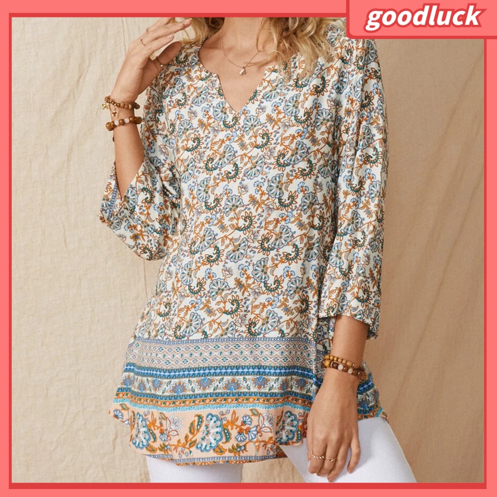 Áo Sơ Mi Tay Lỡ 3 / 4 Cổ Chữ V Họa Tiết Hoa Phong Cách Bohemian Dành Cho Nữ