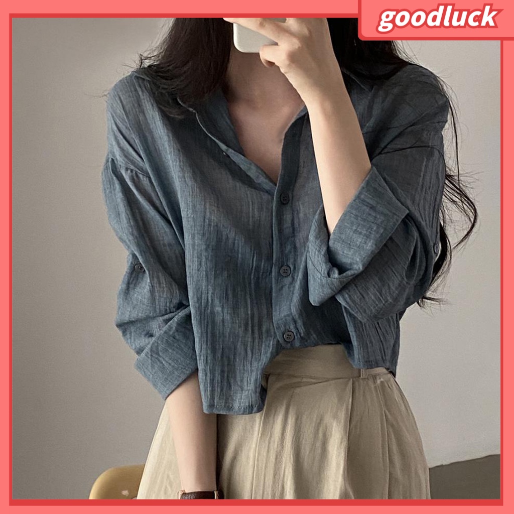 Áo Sơ Mi Tay Dài Màu Trơn Xếp Ly Cài Khuy Thời Trang Mùa Xuân Cho Nữ