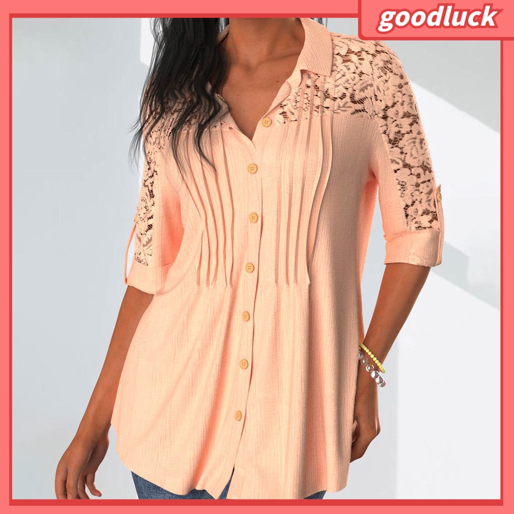 [ULK] Áo Sơ Mi Công Sở Tay Lửng Cổ Bẻ Phối Ren Bèo Một Hàng Nút Thời Trang Cho Nữ