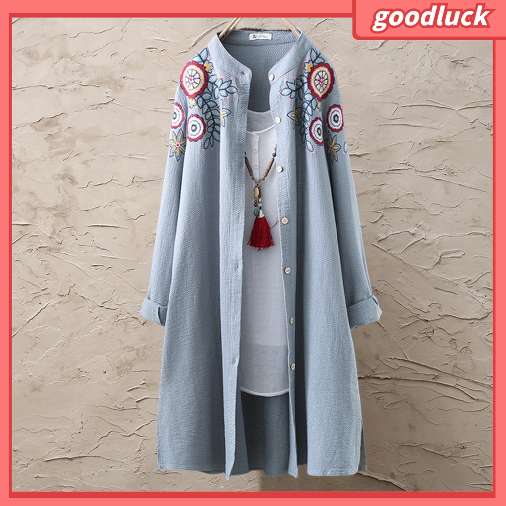 [ULK] Áo Sơ Mi Dài Tay Cổ Đứng Xẻ Một Bên Hông Thêu Họa Tiết Phong Cách Trung Hoa Đường Phố Cho Nữ