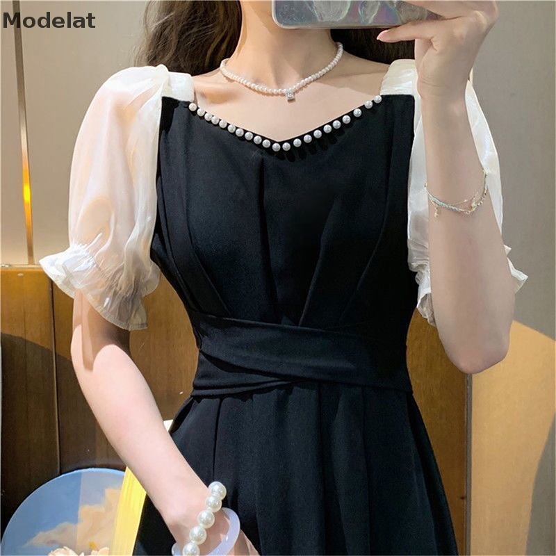 Đầm Midi Cổ Vuông Tay Ngắn Cột Dây Đính Hạt Ngọc Trai Thời Trang Mùa Hè Xinh Xắn Cho Nữ