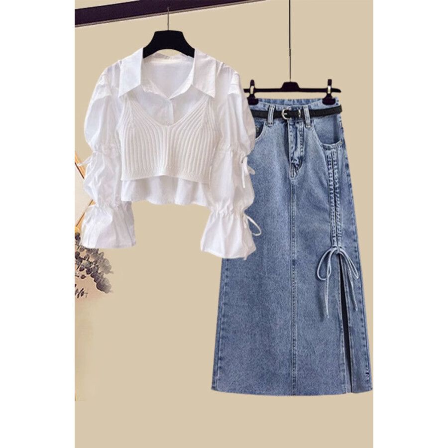 Set Áo Sơ Mi Phối Chân Váy Denim Ba Mảnh Thời Trang Xuân 2023 Mới Cho Nữ