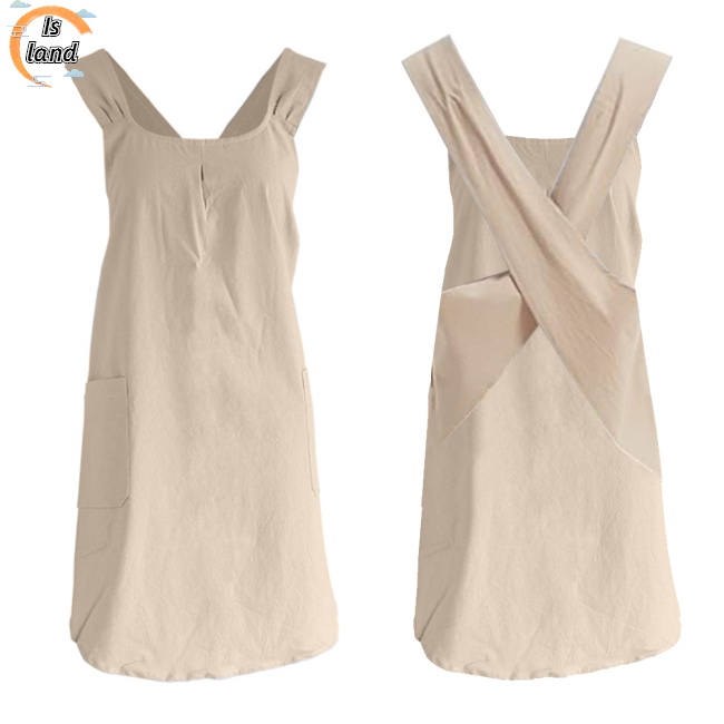 Tạp Dề Cotton Lanh Màu Trơn Dây Chéo Có Túi 2 Ngăn Phong Cách Nhật Hàn Đơn Giản Cho Nữ