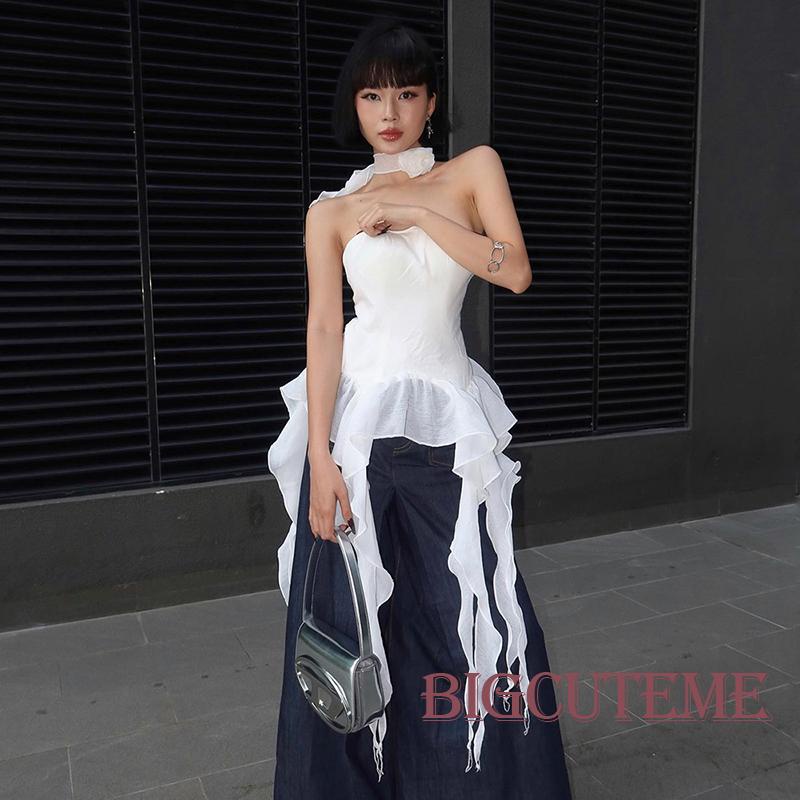 [] Áo Ống Nhún Bèo Hở Lưng Màu Trơn Thời Trang Mùa Hè Cho Nữ