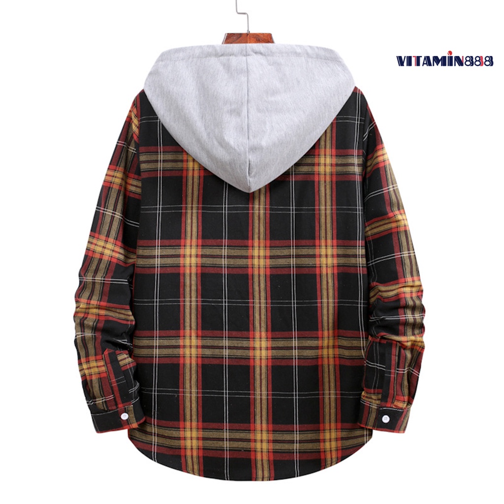 Áo Khoác Sơ Mi Tay Dài Có Mũ Trùm Đầu Dây Rút Một Hàng Nút Kẻ Sọc Caro Mùa Xuân Đường Phố Cho
