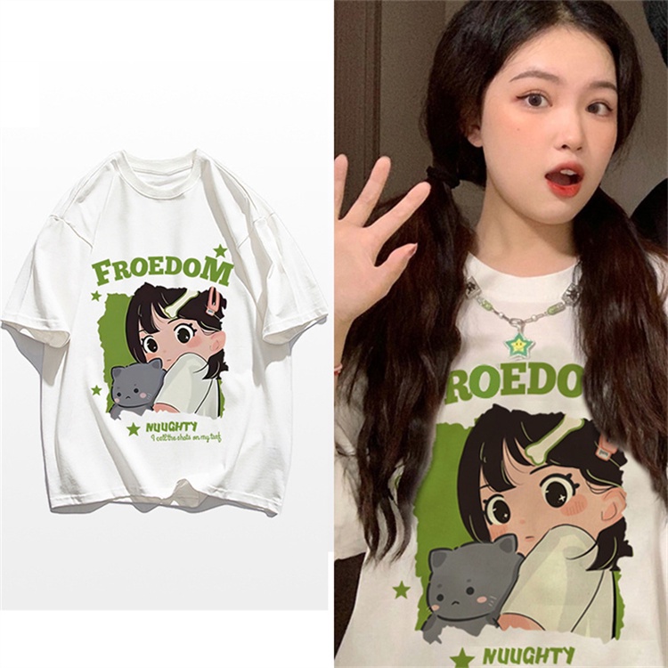 Áo Thun 100% Cotton Tay Ngắn Cổ Tròn In Họa Tiết Phong Cách Hàn Quốc Cho Nữ