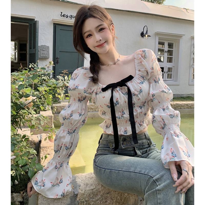 Áo Kiểu Tay Phồng Ngắn Thắt Nơ In Họa Tiết Thời Trang Mùa Hè Xinh Xắn Cho Nữ