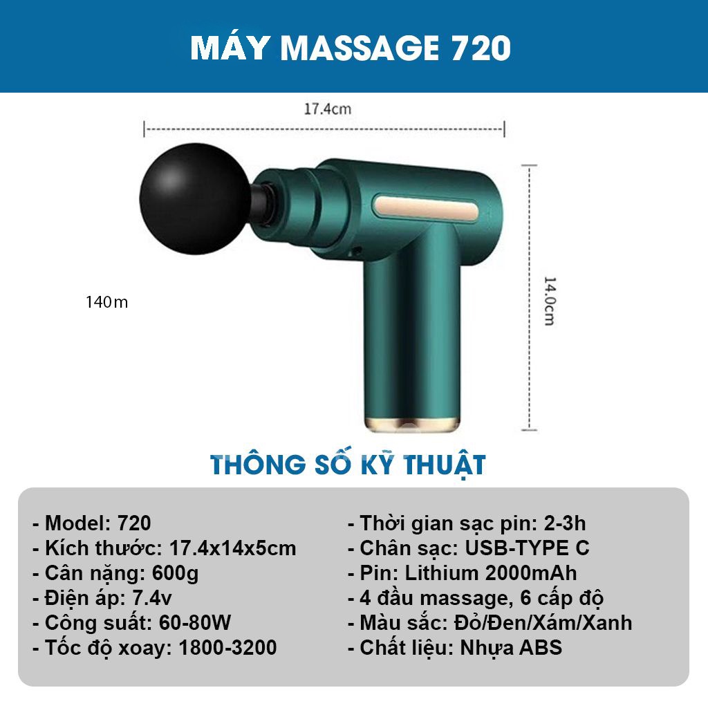 Máy Mát Xa Cầm Tay Mini - Máy Massage Cầm Tay Đa Năng, Tặng Kèm 4 Đầu Massage, 6 Chế Độ Dung, Pin Trâu