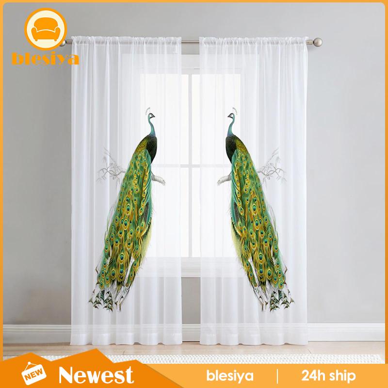2 Rèm cửa sổ Vải Tuyn In Hình Chim Công Xanh Dương