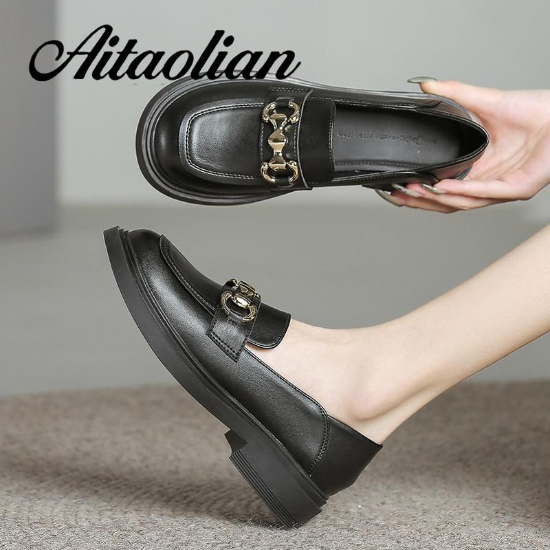 Giày Lười Da Thật Đế Bằng 3cm Phối Khóa Kim Loại Đơn Giản Thời Trang Cho Nữ