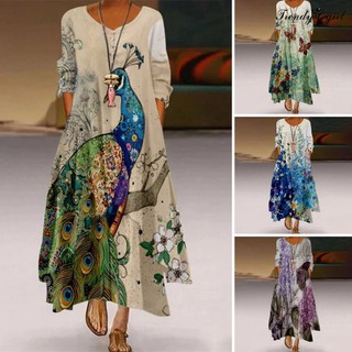 Đầm Maxi Tay Lửng Cổ Tròn Có Túi Họa Tiết Chim Công Phong Cách Dân Tộc
