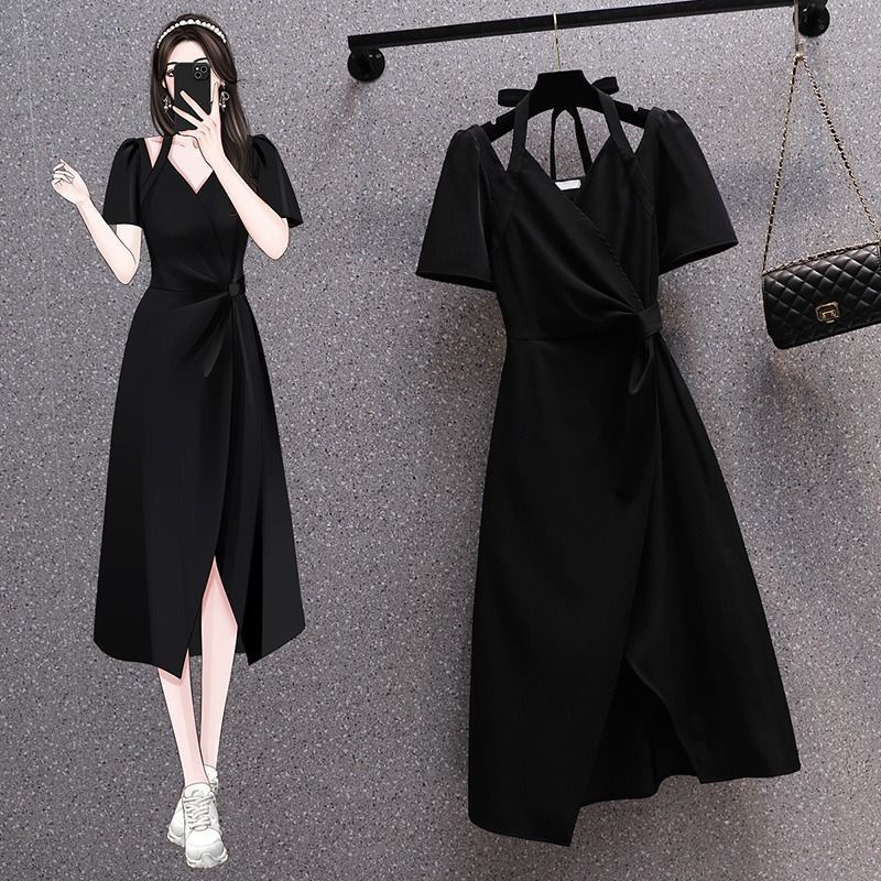 Đầm Hai Dây Màu Đen Phong Cách Hepburn Pháp Cỡ Lớn Thời Trang Mùa Hè Cho Nữ