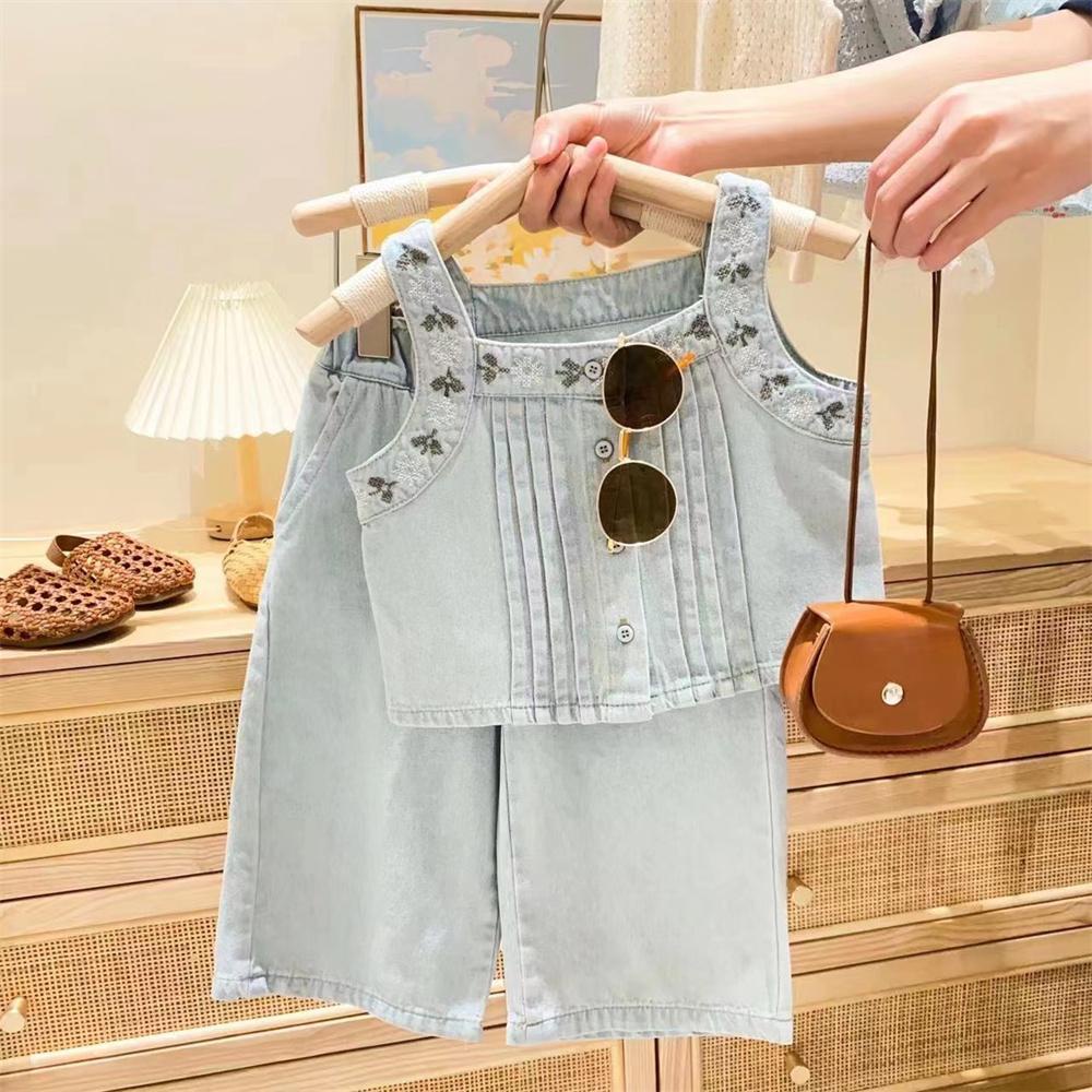 Bộ Áo Tank Top Denim + Quần Ống Rộng Thời Trang Mùa Hè Hàn Quốc Cho Bé Gái