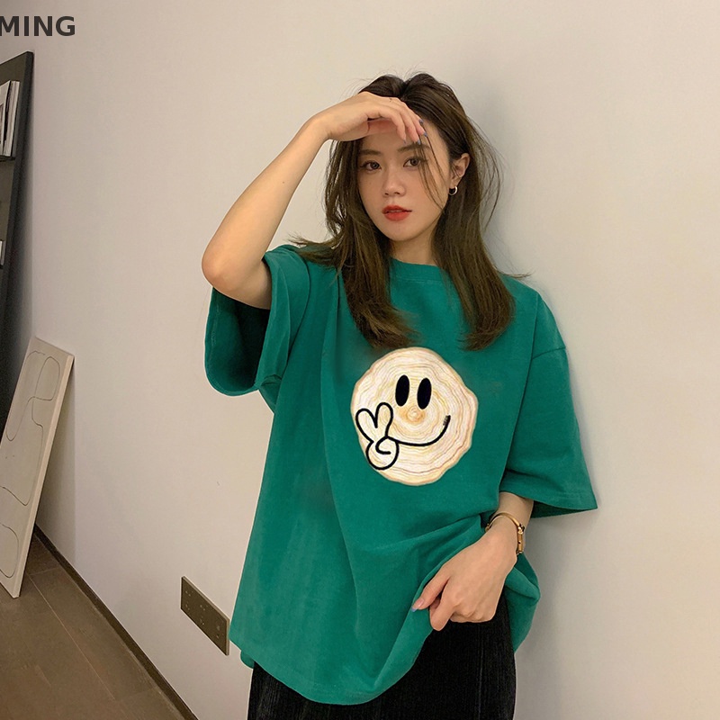 Áo Thun Nữ Ngắn Tay Cổ Tròn In Hình Mặt Cười Phong Cách Retro