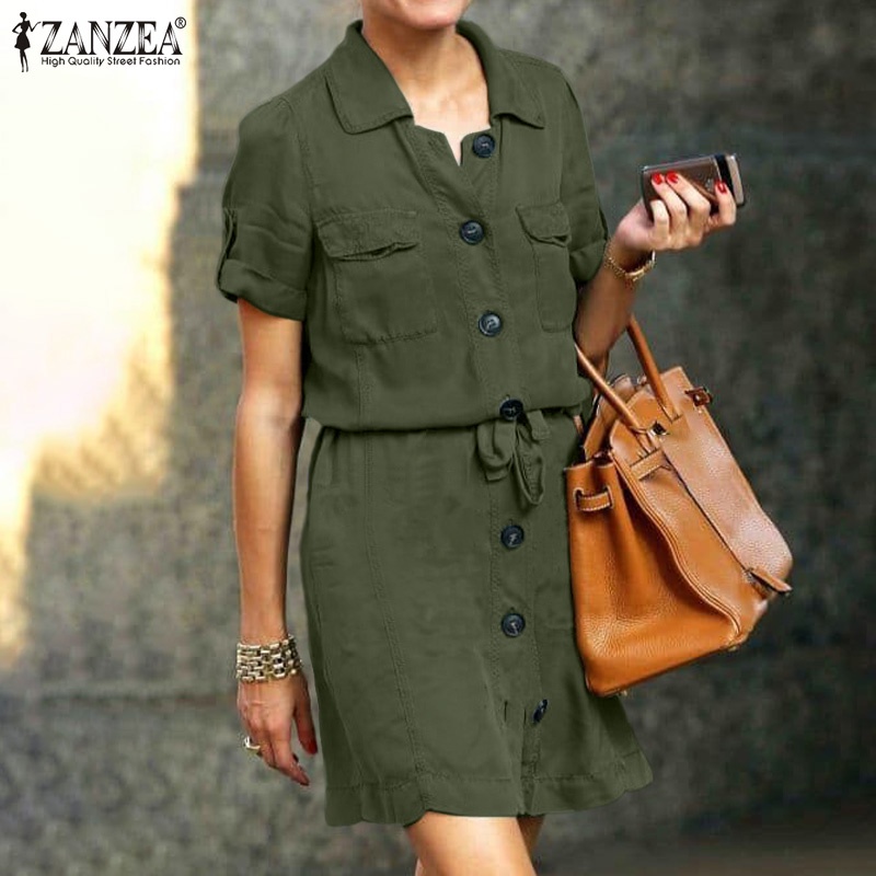 ZANZEA Đầm Nữ Ngắn Tay Cổ Bẻ Form Rộng Thời Trang Đường Phố Vintage