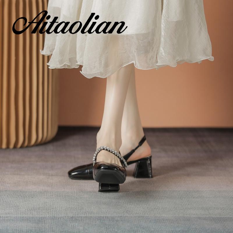 Xăng đan Cao Gót 5cm Bằng Da Bóng Mũi Tròn Đế Mềm Màu Trơn Cho Nữ mary jane