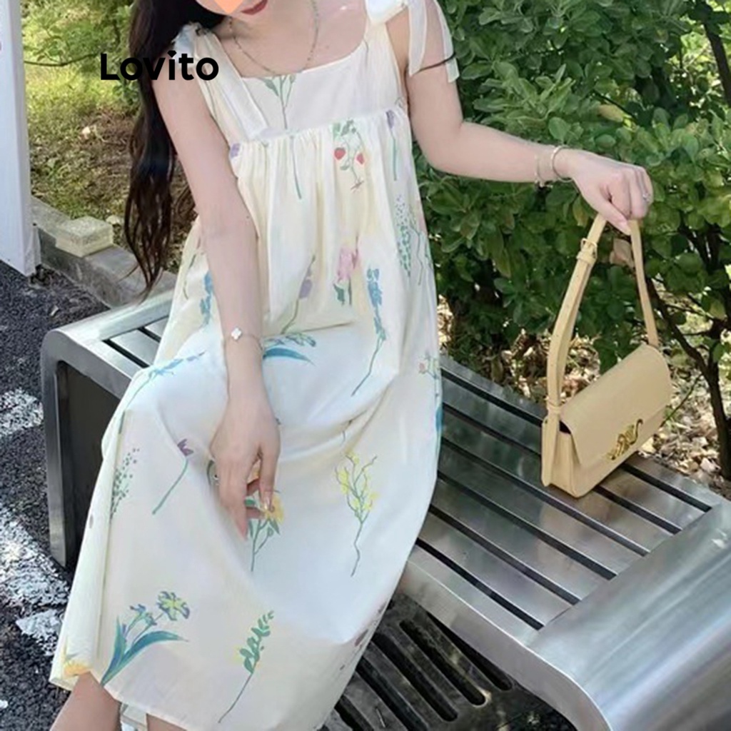 Đầm Lovito không tay họa tiết hoa xếp nếp phong cách Boho cho nữ LNE05059