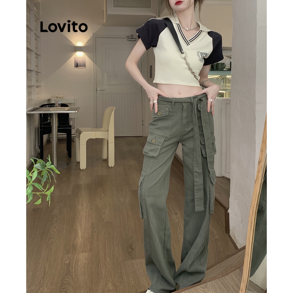 Áo thun có cổ ghép nối màu sắc họa tiết chữ Lovito cho nữ LNE11046 (màu mơ)