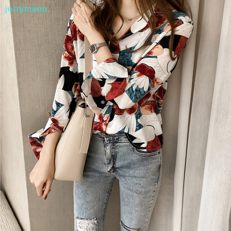 Áo Sơ Mi Nữ Tay Dài Cổ Chữ V In Hoa Thời Trang