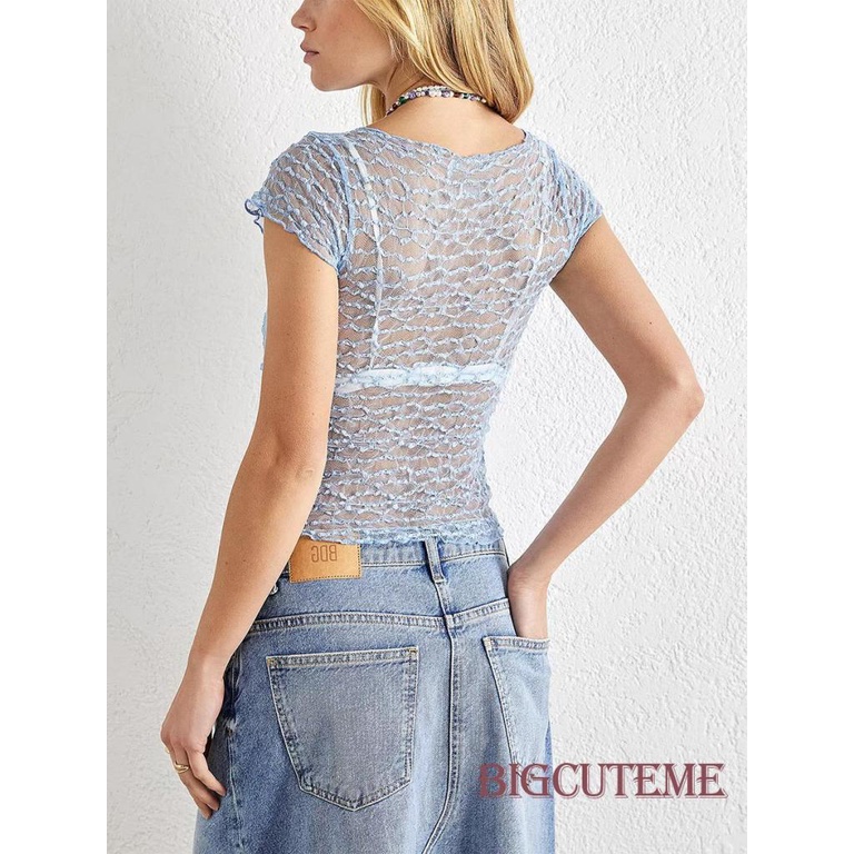 Áo Crop Top Tay Ngắn Cổ Chữ U Xuyên Thấu Màu Sắc Đơn Giản Dành Cho Nữ