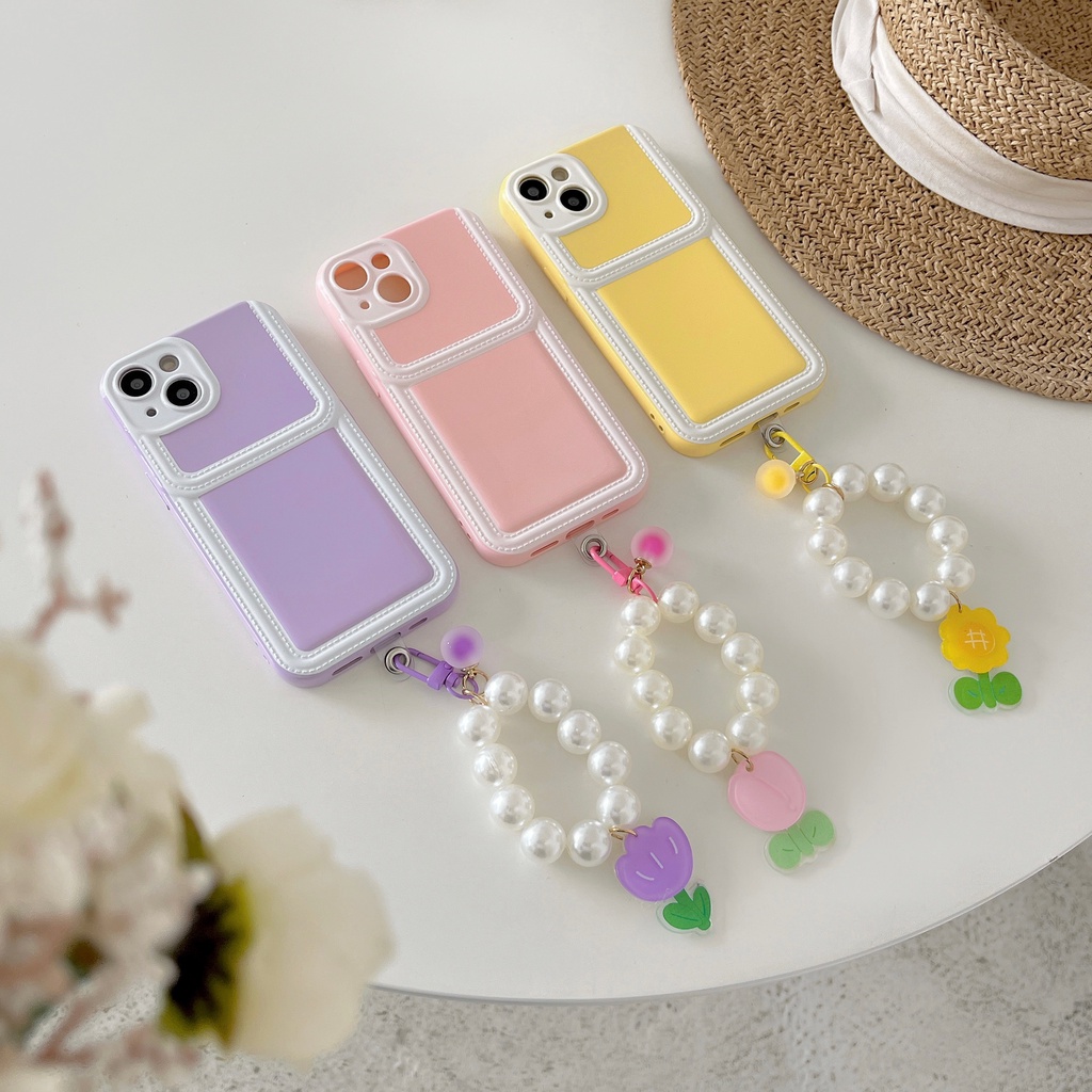 Ốp Điện Thoại tpu Silicon Mềm Màu Kẹo Có Ngăn Đựng Thẻ Và Dây Đeo Ngọc Trai Cho iPhone 14 13 12 11 PRO MAX