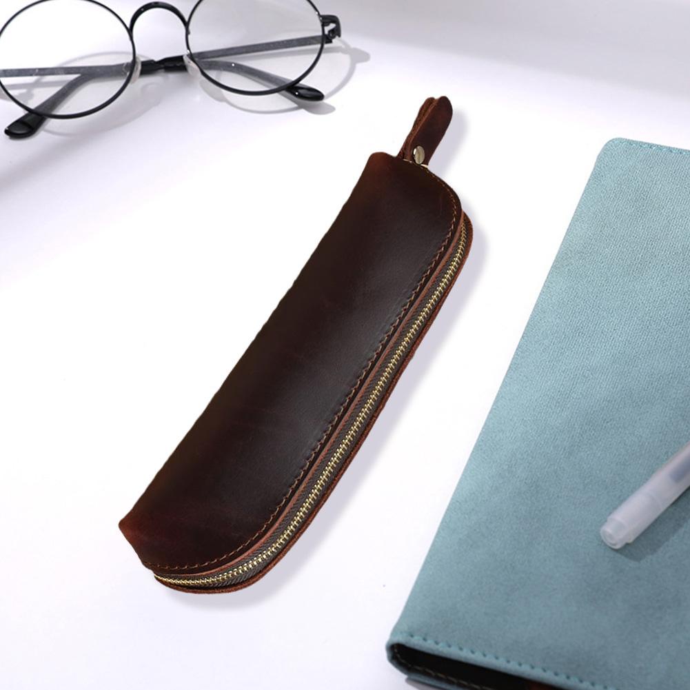 Túi Đựng Bút Bằng Da Thật Có Khóa Kéo Phong Cách Retro Đơn Giản M6K0