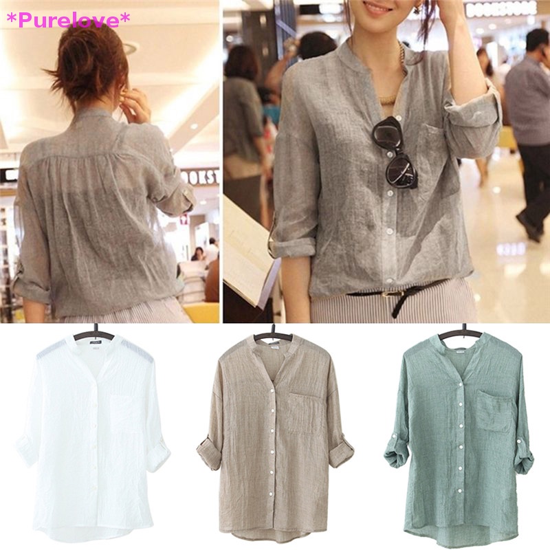 Áo Sơ Mi Vải Lanh Dài Tay Dáng Rộng Phối Nút Thời Trang Mùa Thu Cho Nữ Mới