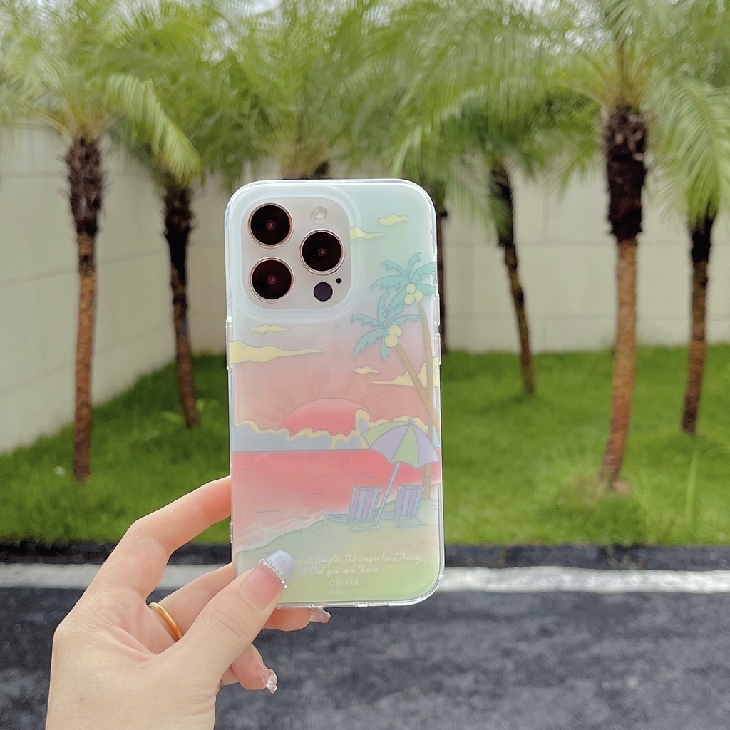 Ốp Điện Thoại Chống Sốc Hai Mặt Họa Tiết Cây Dừa / Bãi Biển Kèm Dây Đeo Dành Cho IPhone 14 13 12 11 Pro Max